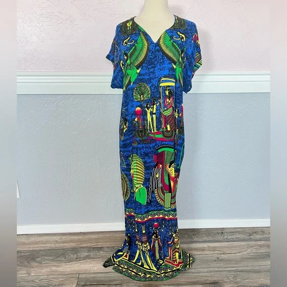 Egyptian Dresses | Women's Blue Egyptian Short Sleeve Cotton Pullover Maxi Dress Size Large | Color: Blue/Yellow | Size: L | Karifashion's Closet